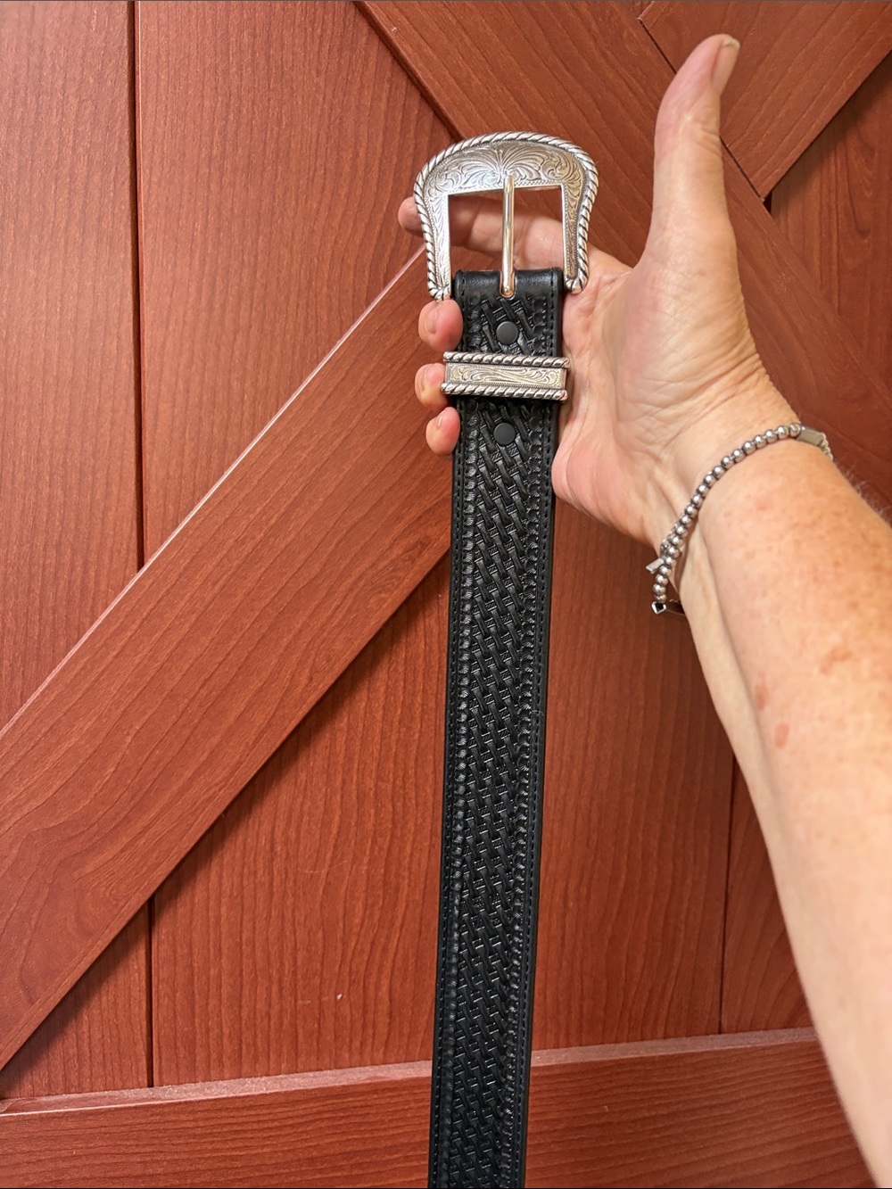 Justin Western Black Tooled Leather Belt with Silver Buckle